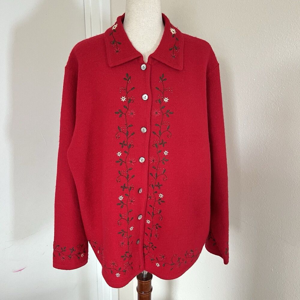 Vtg Karen Scott Wool Sweater Womens 3X Button Up Red Floral Embroidered